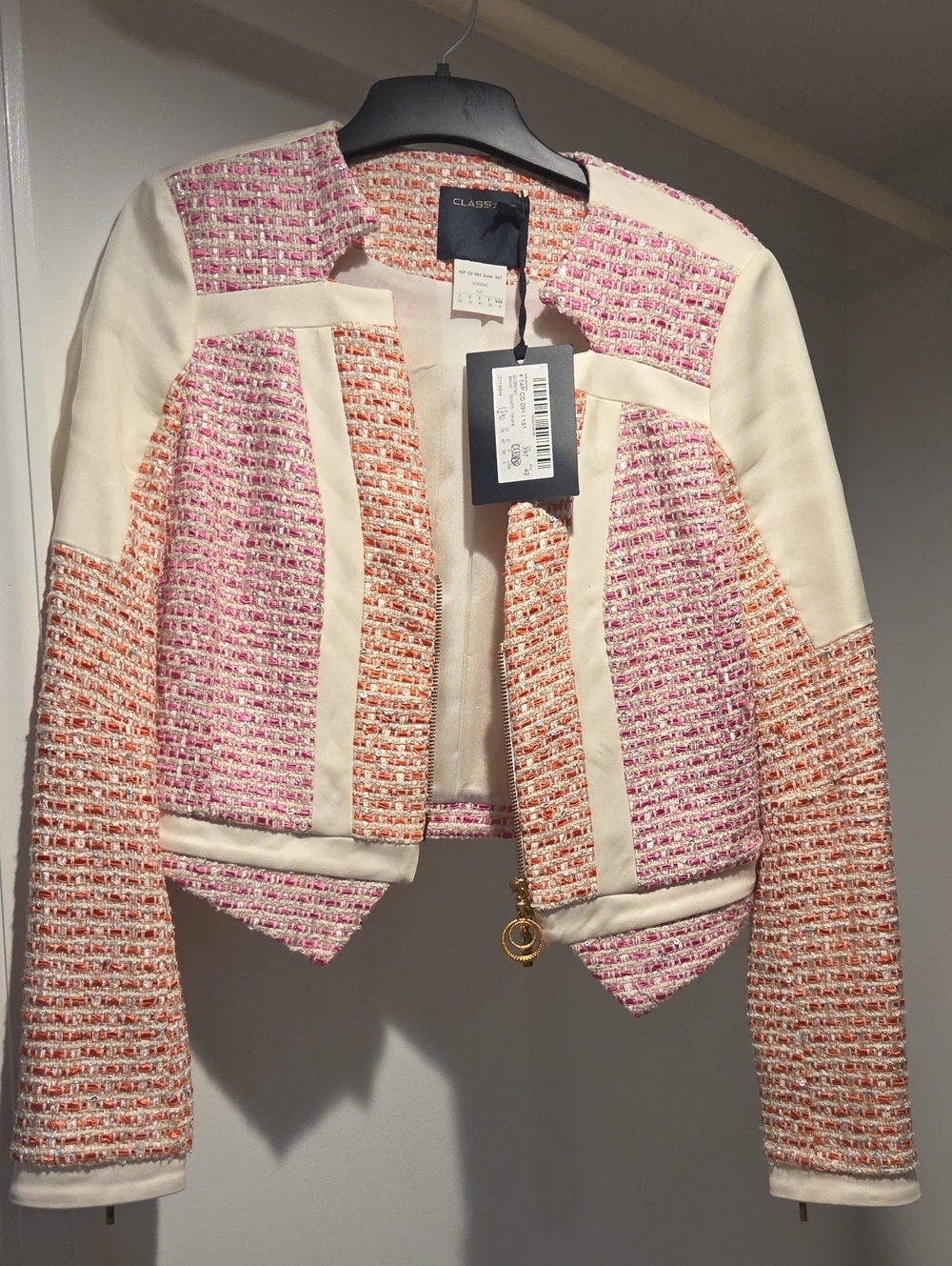 Class Roberto Cavalli Pink Coral Cropped Tweed Colorblock Blazer Jacket 42 US 8